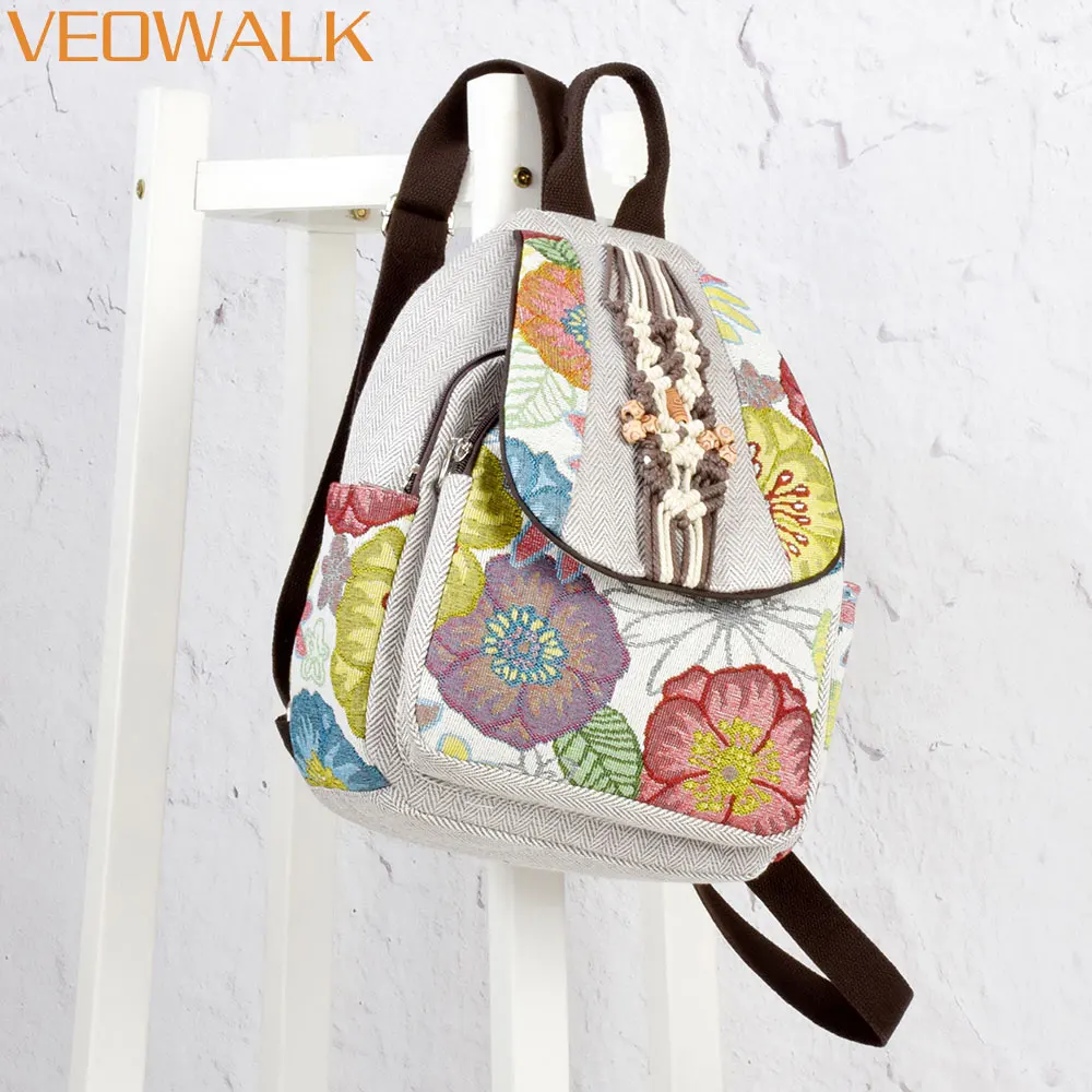 Veowalk-mochilas de lona bordadas con flores hechas a mano para mujer, morrales de estilo tailandés Retro grises, Mochila pequeña vegana