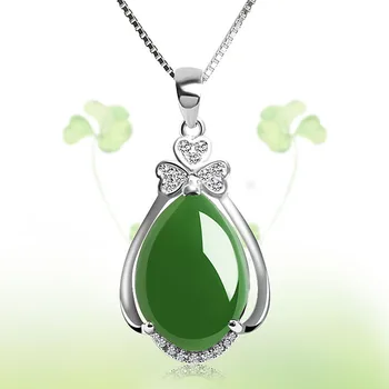 

Fashion drop clover green jade emerald gemstones diamonds pendant necklaces for women white gold silver color choker jewelry