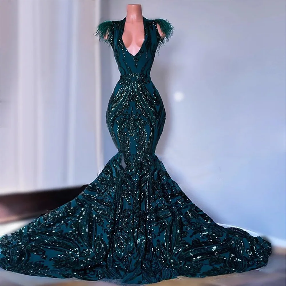 Sparkly Feathers Mermaid Green Prom Dresses 2022 Black Girls Long