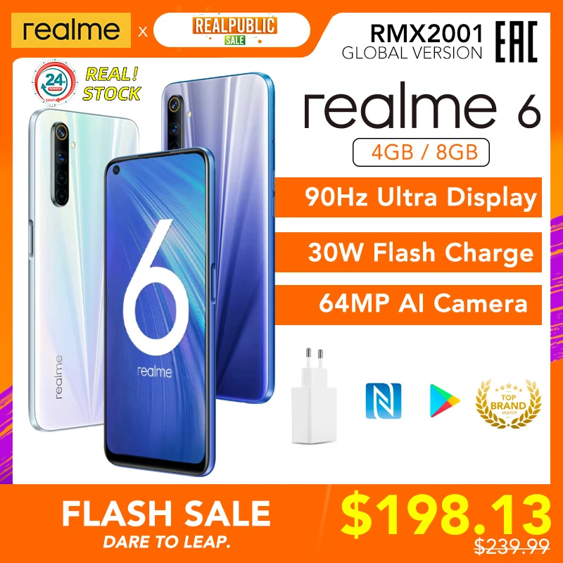Смартфон realme 6 Планшетов 4 + 8 Гб 128 ГБ 30 Вт 4300 мАч Helio G90T 64 мп|Смартфоны| |