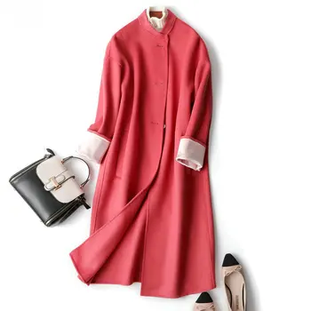 

100% Wool coat handmade net red double-sided cashmere overcoat women's mid long 2019 new Korean pink round neck loose wool coat