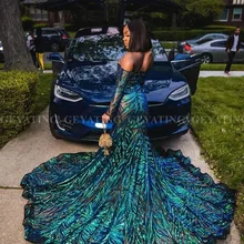 Изумрудно-зеленое платье русалки с открытыми плечами и длинным рукавом для выпускного вечера для черных девочек, блестящее длинное платье с шлейфом, торжественные платья для выпускного вечера в африканском стиле