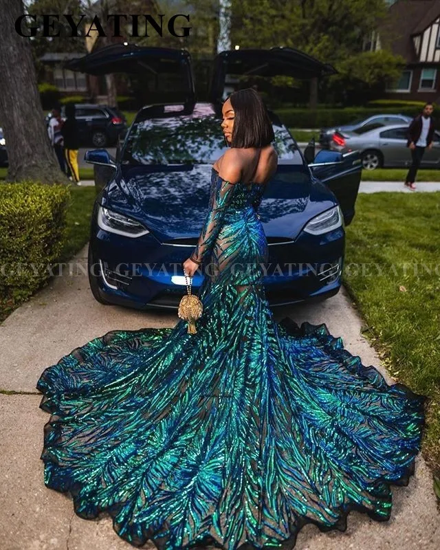 Emerald Green Off Shoulder Mermaid Lange Mouwen Prom Jurk voor Zwarte Meisjes Sparkle Lange Trein Afrikaanse Graduation Formele Jurken Emerald Green Off Shoulder Mermaid Lange Mouwen Prom Jurk voor Zwarte Meisjes Sparkle Lange Trein Afrikaanse Graduation Formele Jurken