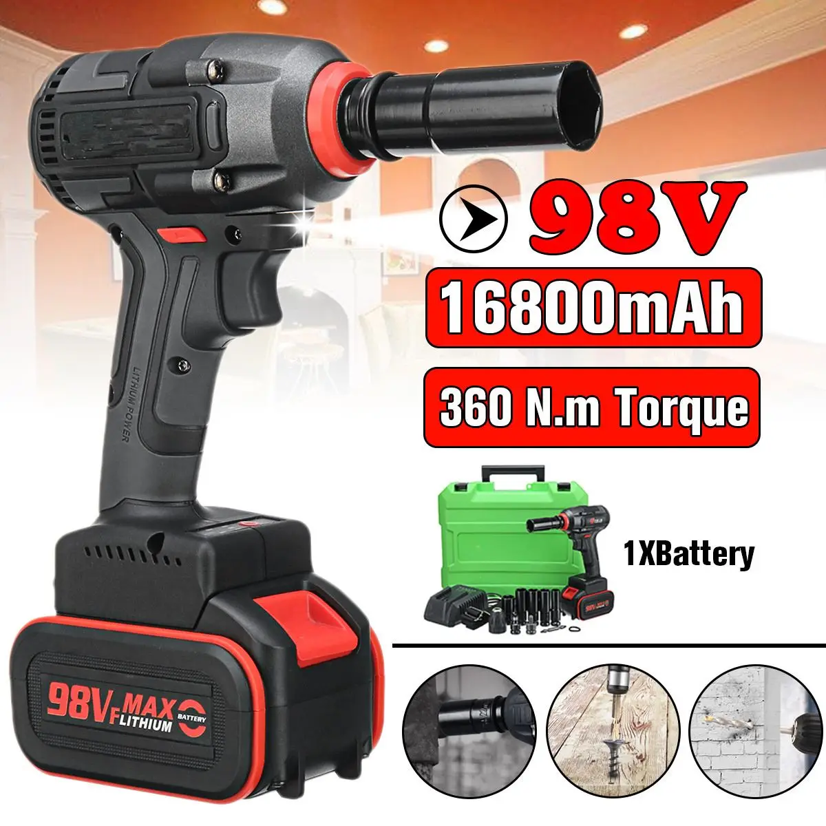 360NM 98VF Brushless Cordless Electric Impact Wrench 1/2 inch Wrench Power Tools With 16800mAh Rechargeable Battery + LED Light