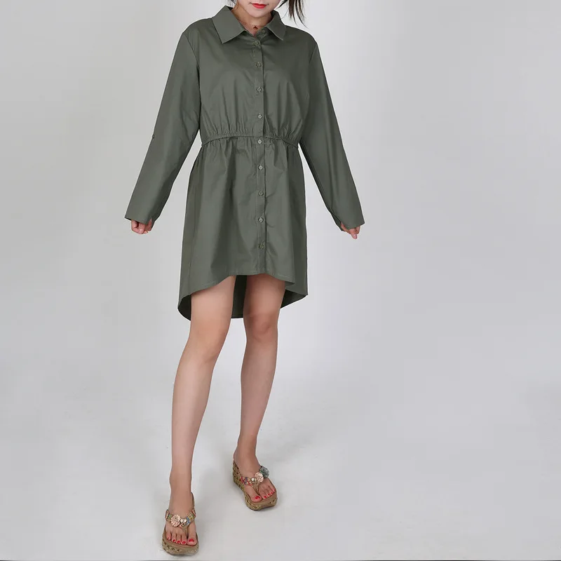 

Kisilk Europe And America Fashion Large Size Simple Shirt Collar Ol Wind High-waisted shou jin kou Loop Sleeve Mid-length Shirt