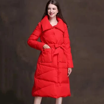 

X-long coat winter women 90% white duck down jacket turn-down collar thick warm clothing with sashes female outerwear slim coats