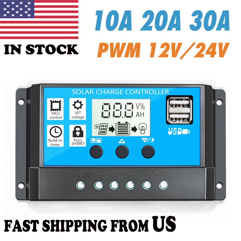 US Fast Shipping 10/30/20A Solar Charge Controller 12V/24V Panel Battery Regulator With Dual USB LCD Display | Дом и сад
