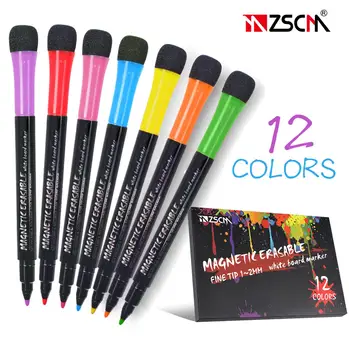 

12 Colors Magnetic Whiteboard Pen Magnet Erasable Dry White Board Marker Built In Eraser For Student Children's Drawing Marker