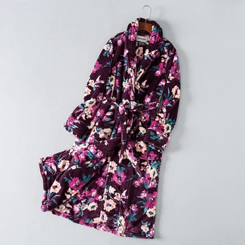 

Winter women fashion loose floral print soft fleece fabric belted casual bathrobe female trendy vintage thermal nightgown robe