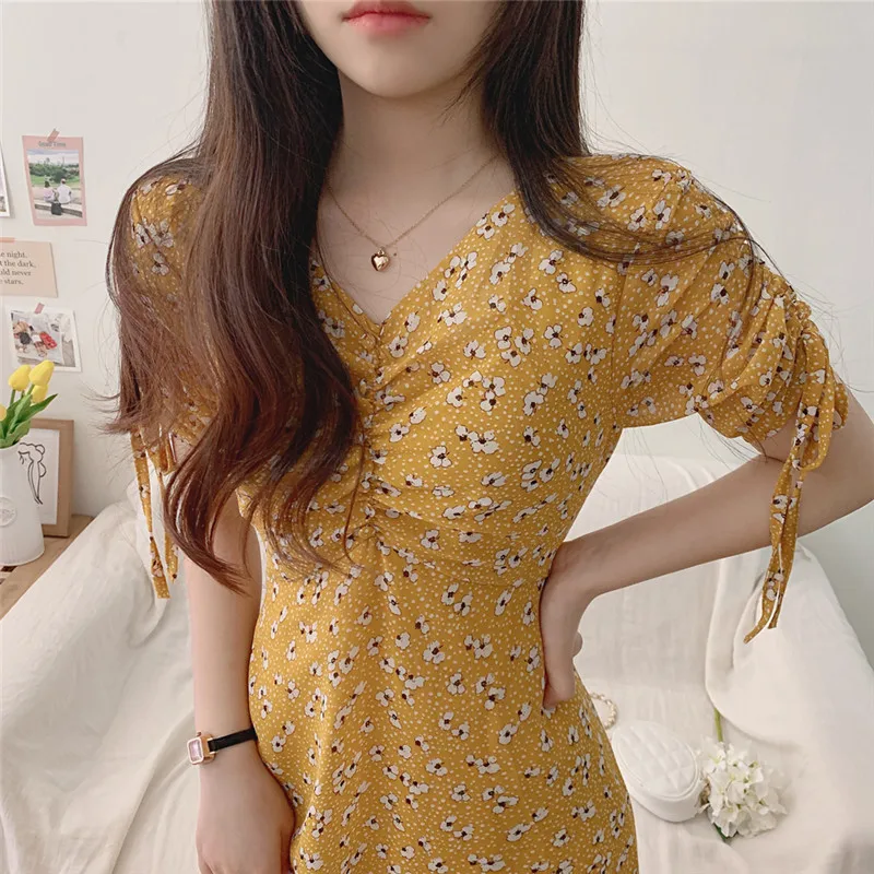 

2020 New Arrivals Spring Autumn Chiffon Dress Female Temperament Floral Print High Waist Slim Maxi Dresses Office Lady Vestiods