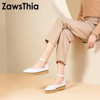 

ZawsThia white pink black pointed toe woman casual platform flats shoes with buckle strap women mary janes shoes big size 49 50