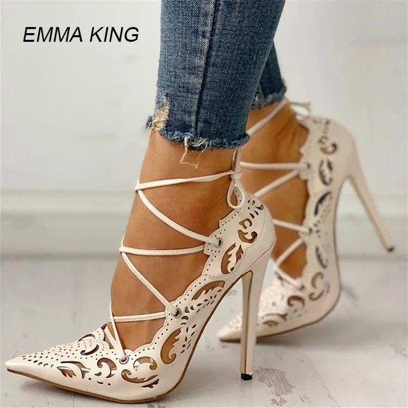 retro hollow out bandage stiletto pumps