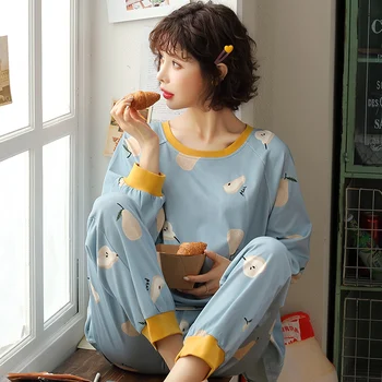 

Autumn Winter Cotton Cartoon Pajamas Set Women Pyjamas Homewear Long sleeve Sleepwear Plus size Loose Night suit Female Pijama