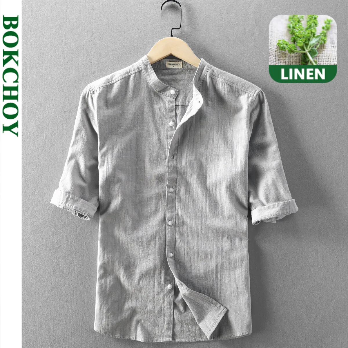 Men Chinese Style Linen Shirt Three Quarter Mandarin Collar Shirts | Мужская одежда
