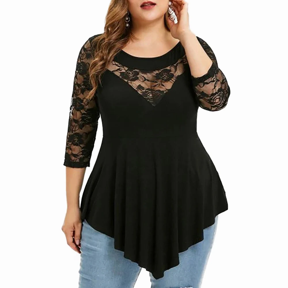 Mejor vendedor  Camiseta de encaje de talla grande para mujer, blusa elegante de manga 3/4, ropa Sexy negra, Jersey Irregular para oficina, D30 aKwjM5nEREA
