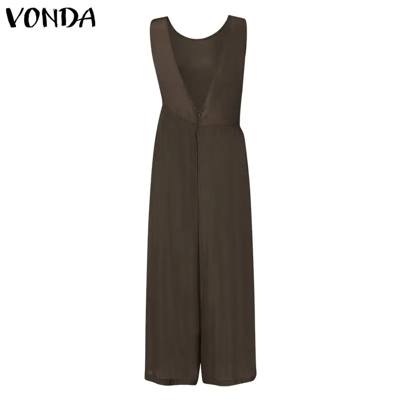 Женские комбинезоны VONDA, летние сексуальные однотонные Свободные Комбинезоны без рукавов, женские повседневные широкие длинные штаны Pantalon - Цвет: Coffee