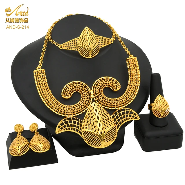Indian Jewelry Set Wedding 24k Gold Color African Jewelry Dubai Bridal Sets Nigerian Necklace Bracelet Earring Gold Jewellery S-214-Gold