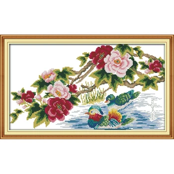 

Mandarin ducks playing in the water (4) Chinese cross stitch kits Ecological cotton stamped DIY gift wedding decoration for home
