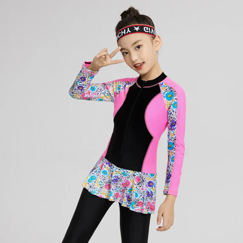 Conservative Muslim Swimsuit For Girls Front Zipper Modest Swimwear Swimming Suit Children Long Sleeve Borkini Mujer Islamico