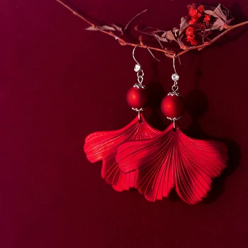 

925 Sterling Silver Fashionable Red Ginkgo Leaf Dangle Earrings For Women Girls Engagement Party Gift Jewelry