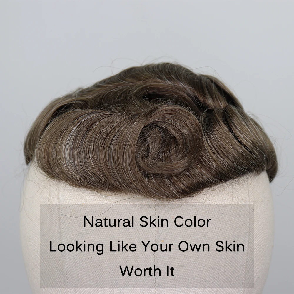 YY Парики мужские Toupee 8x10 Тонкий ПУ коричневый микс серый 6 дюймов Тонкая кожа
