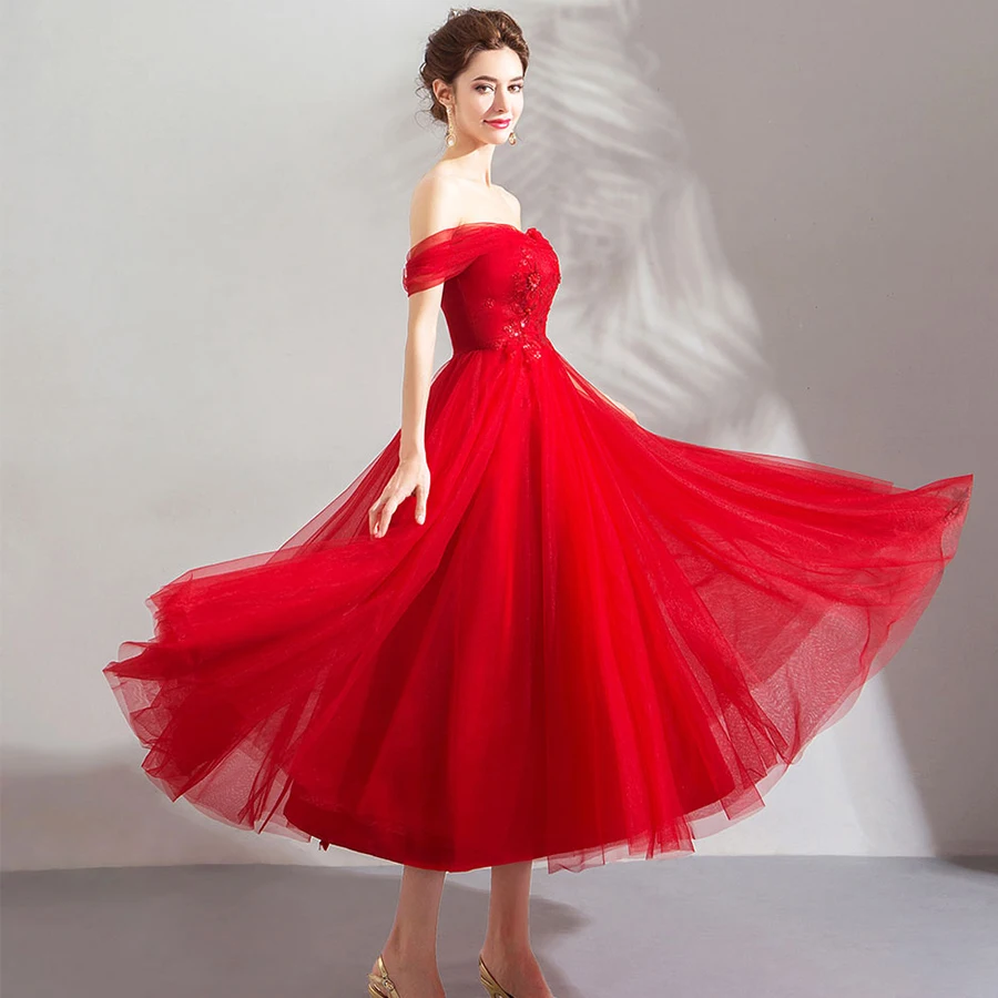 Платья для выпускного бала красное платье трапециевидной формы с открытыми плечами и рукавами для выпускного бала на заказ бандаж большого размера тюлевые платья для выпускного вечера E211