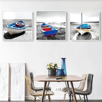 

Beach boat scenery Diamond Painting Full Square Round Drill Diamond Embroidery 5D Mosaic Needlework Triptych home Decor AA1980