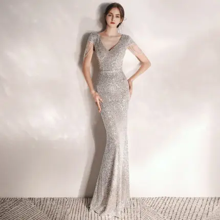 Серебристый Русалка Drees Черное длинное расшитое блестками Бисероплетение вечерних платьев K050 с коротким рукавом элегантные вечерние платья размера плюс сексуальный халат De Soiree - Цвет: Серебристый