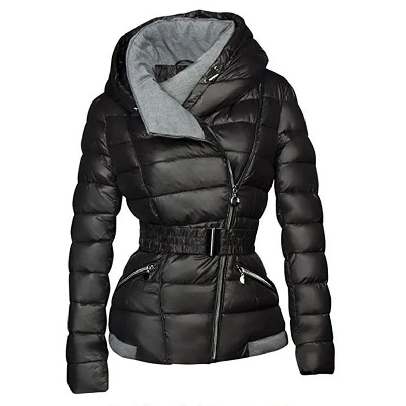 Зимние пальто женские парки хлопок теплая Толстая короткая куртка пальто с поясом тонкая Повседневная молния готический черный верхняя одежда пальто - Цвет: Черный