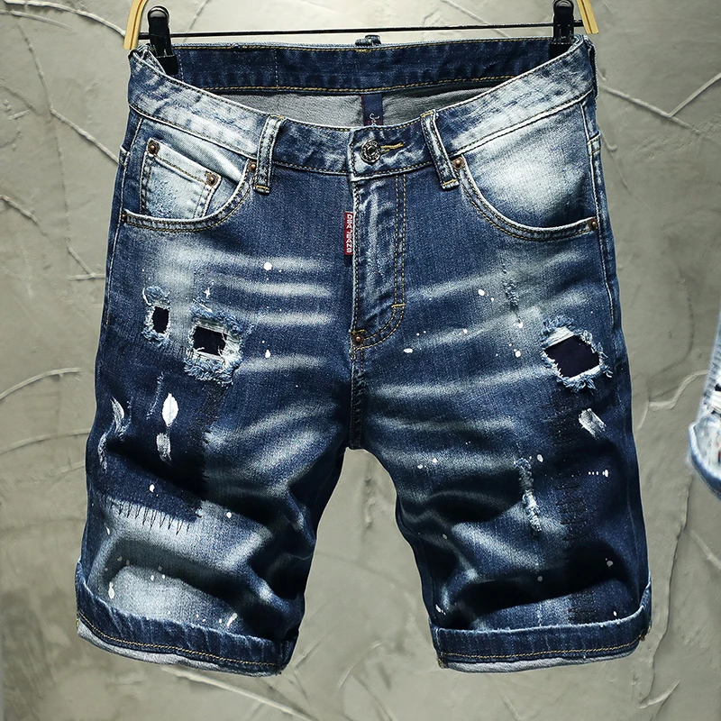 

New Blue Jeans Shorts Mens Ripped Torn Jeans For Mens Stretch Five Short Pants Painted Male The Summer Shorts Hip Hop Streetwear