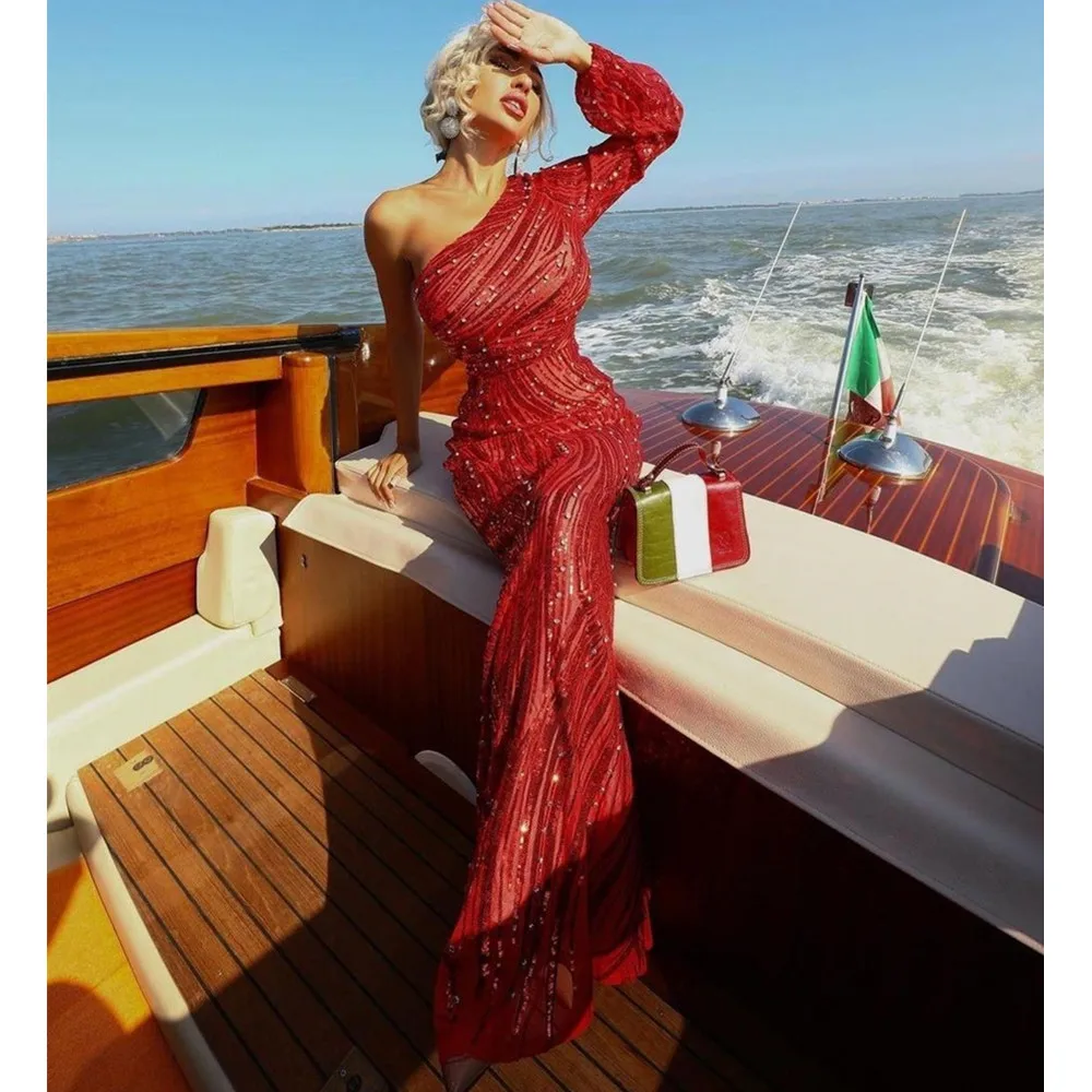 

Luxury Prom Gowns Women Elegant Single Long Sleeve Diamonds Sequines Maxi Long Celebrity Birthday Evening Party Sparky Dress