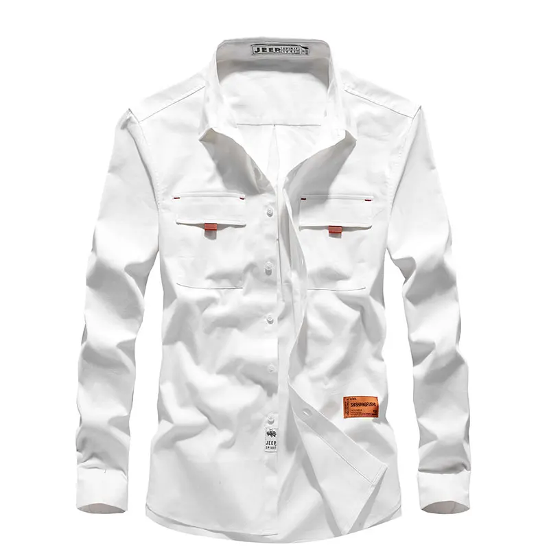 Autumn Men's Dress Smart Casual Shirts Solid Color Cargo Military Style Shirt Men Straight Long-Sleeve High Quality Shirts