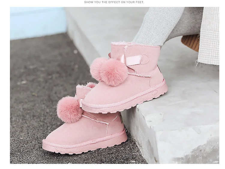 High quality big Children Snow Boots pink Girls Boots Shorts plush Balls Cotton Boots Furry and Thicken New Girls gray Boots