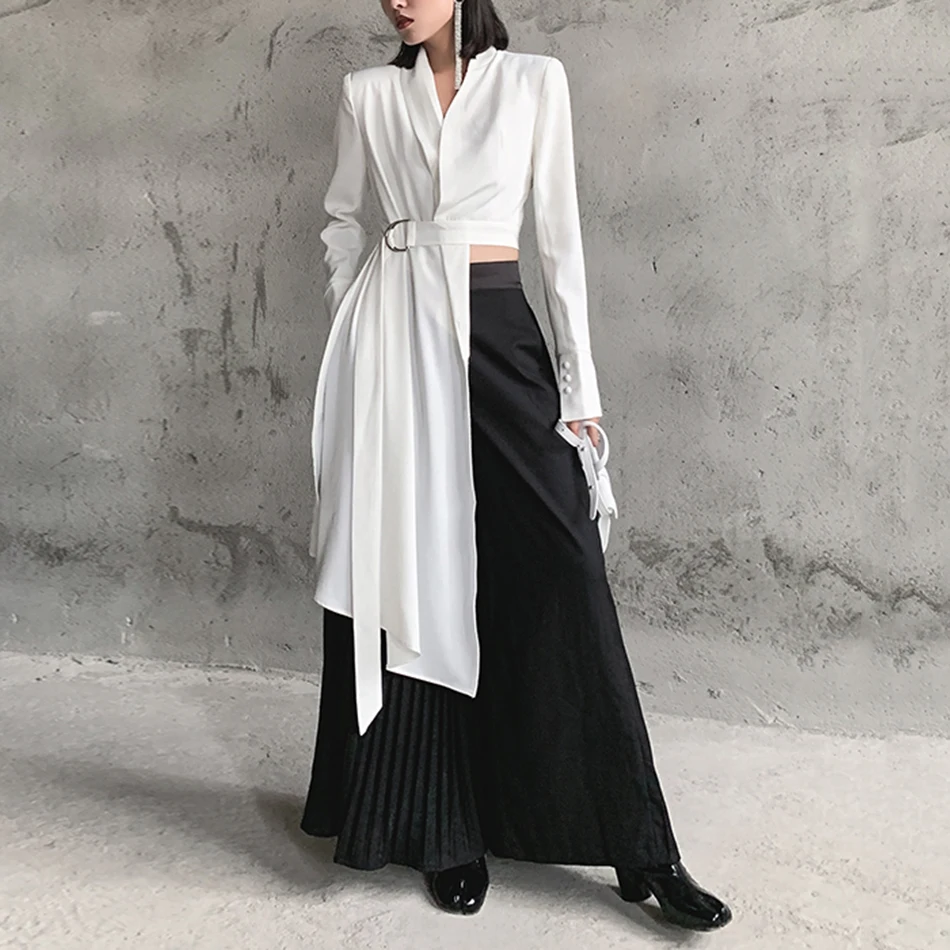 Winter Winter New V-Neck Long-Sleeved White Button Belt Solid Color Irregular Shirt Blouse Fashion Tide