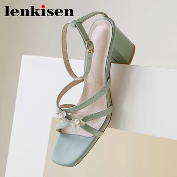 

Lenkisen new arrival genuine leather peep toe high heels flower pearl decorations French romantic beauty lady sandals women L09