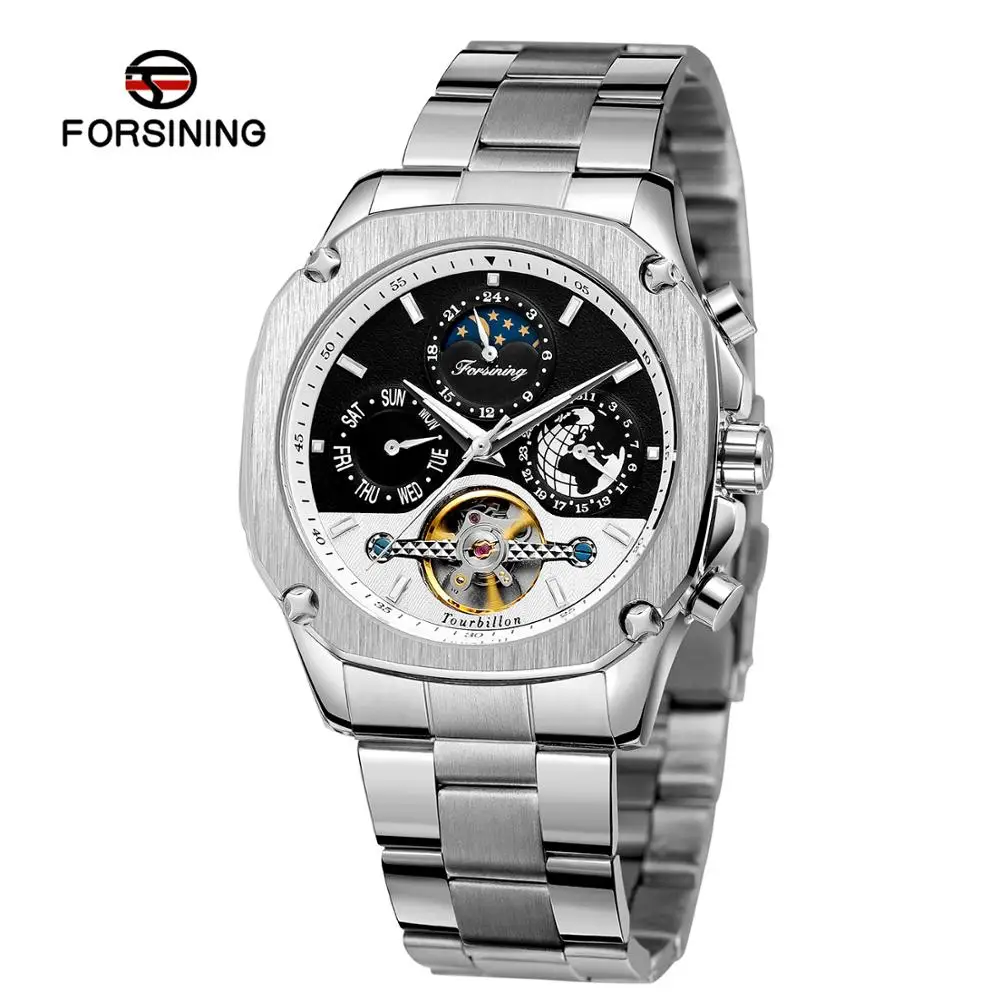 

FORSINING Luxury Men's Watch Silver Black Stainless Steel Military Sports Watch Skeleton Tourbillon Automatic Mechanical Watch