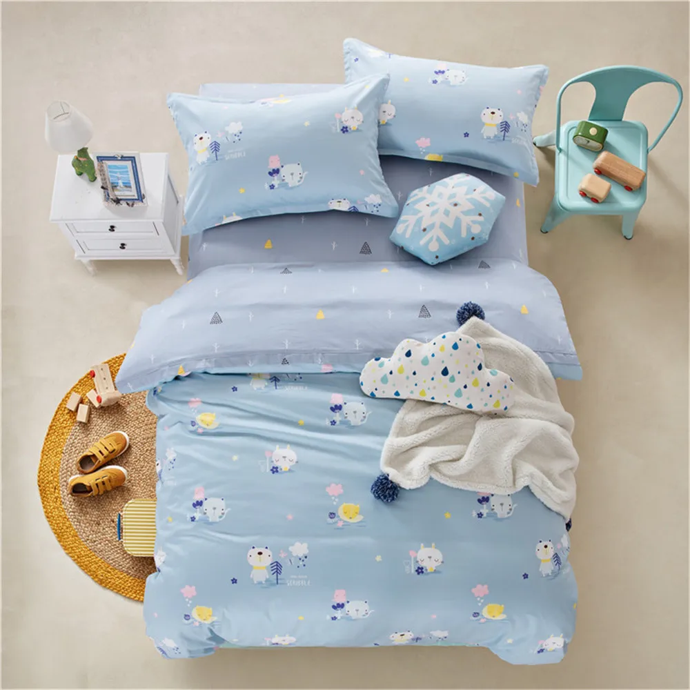 

2019 Cartoon Blue Cats Fox Bedlinens Twin Queen Size Bedding Set Egyptian Cotton Duvet Cover Set Bed Cover Pillowcases