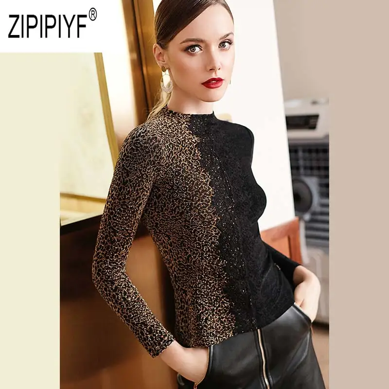 Leopard Классический стиль, модная женская блузка, Топ с длинным рукавом, цветной блок, полукруглый вырез, приталенная, расшитая блестками, блузка, марля, Сексуальная Блузка Z3012 - Цвет: Leopard