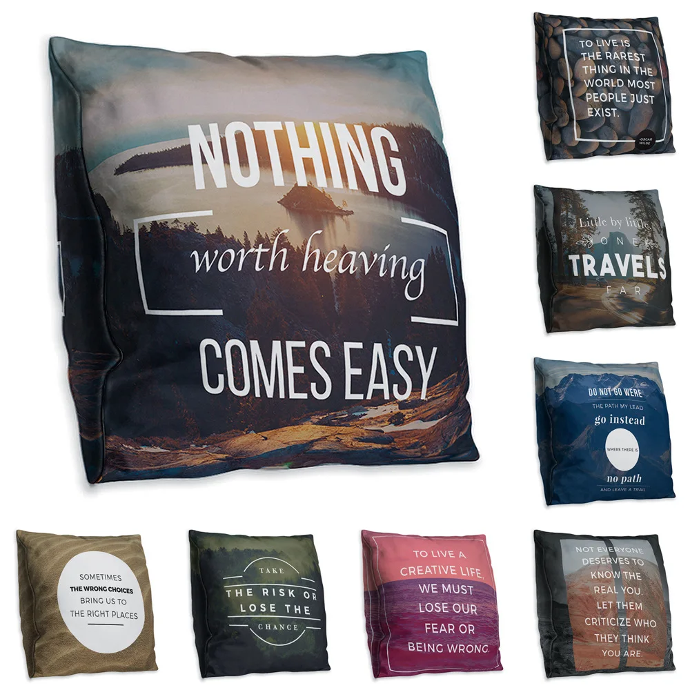 

Double-sided Printing Polyester Throw Pillow Case English Letter Famous Sentence Ocean Scenery Blue Green Cushion Cover 45x45cm