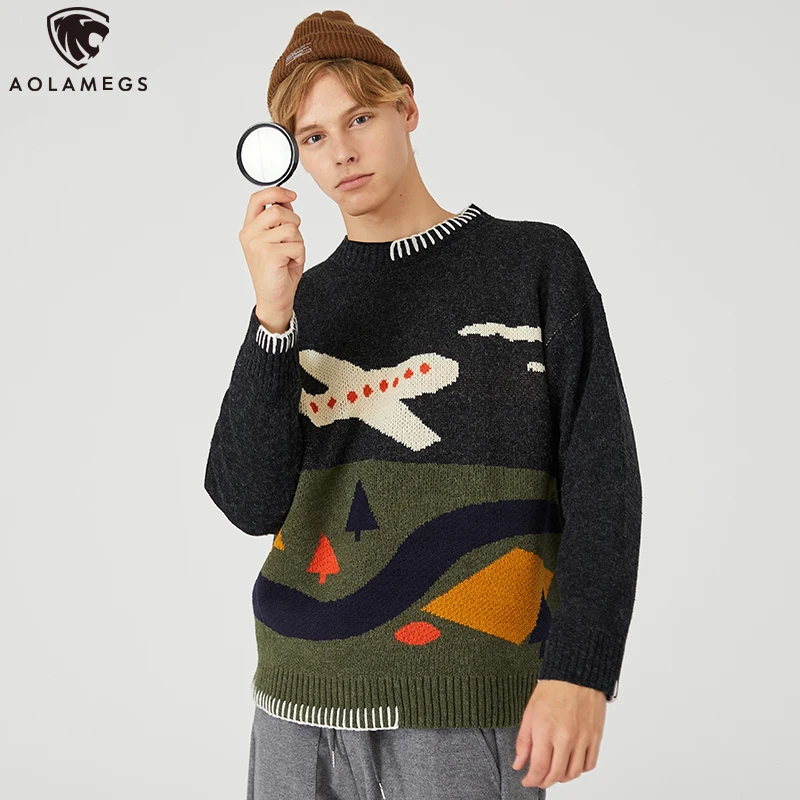 

Aolamegs Sweater Men Cute Embroidery Sweater Men Cartoon Print Tops Casual Style Advanced Soft Knitted Autumn Couple Streetwear
