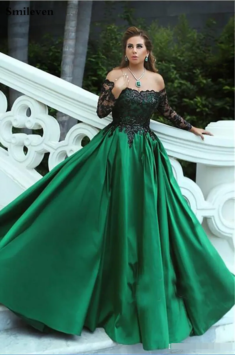 black-appliques-sleeves-long-off-the-shoulder-a-line-elegant-wedding-dress-black-and-green-long-sleeves-bridal-gowns-vestido-longo-festa