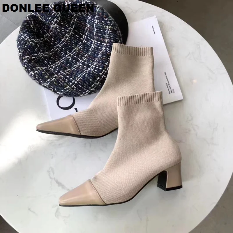 Fashion Slim Stretch Ankle Boots Women Round Toe Sock Boots Low Heel Stretch Knit Boots Elegant women's shoes   zapatos de mujer