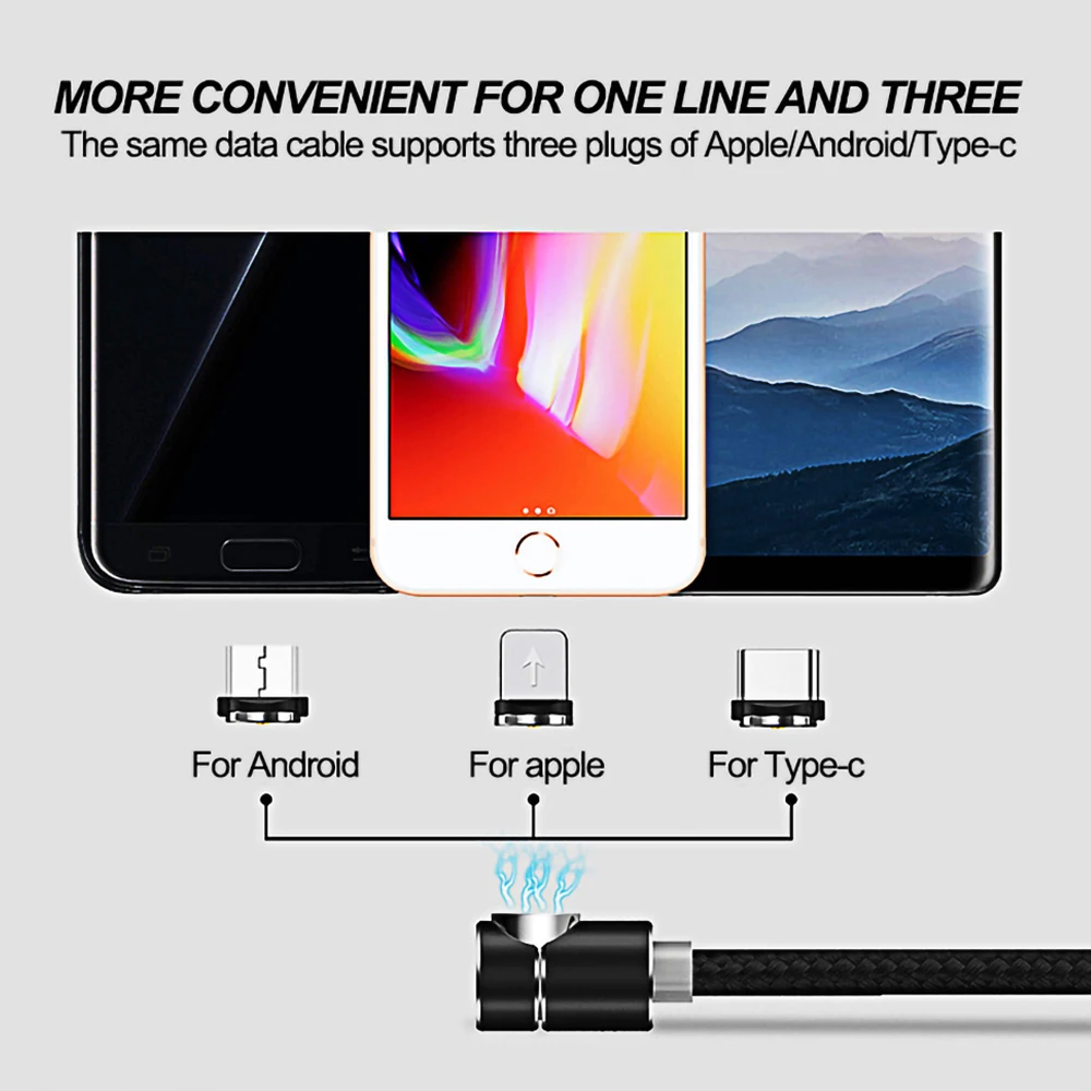 Магнитный usb кабель 90 градусов 2.4A для зарядки iPhone 7 8 Plus XR Xs x Micro USB type C светодиодный