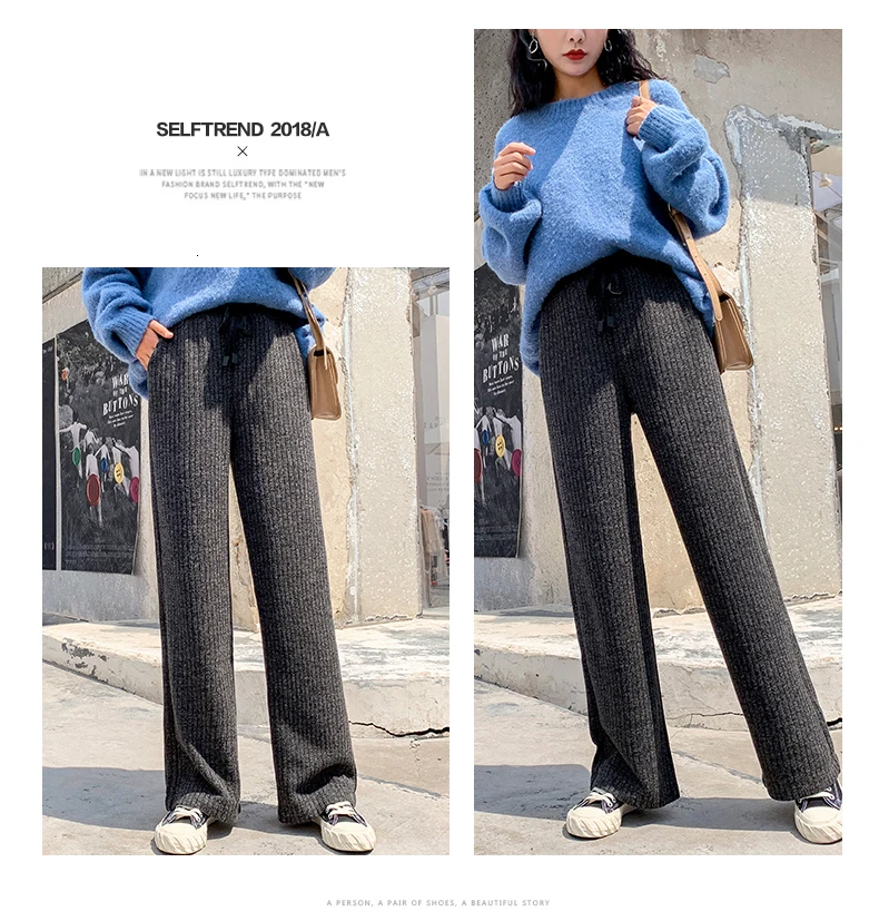 Genayooa Plus Size Knitting Wide Leg Pants Casual Woman Trousers Winter Streetwear Elastic Wear Pants Big Size Trousers