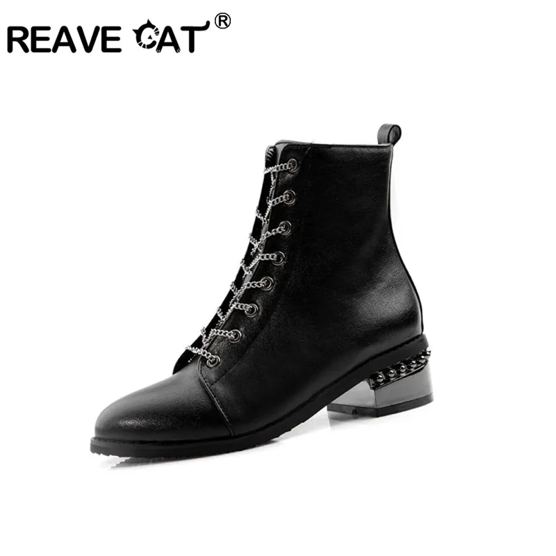 

REAVE CAT Autumn Winter Women motorcycle Boots med block heels Lace Up Shoes Comfortable Ankle Booties Chains strap size 48