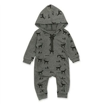 

Cartoon Deer Printed Kids Infant Baby Boys Hooded Romper Jumpsuit Long Sleeve Hooded Zip Up Cotton Autumn Winter Clothes