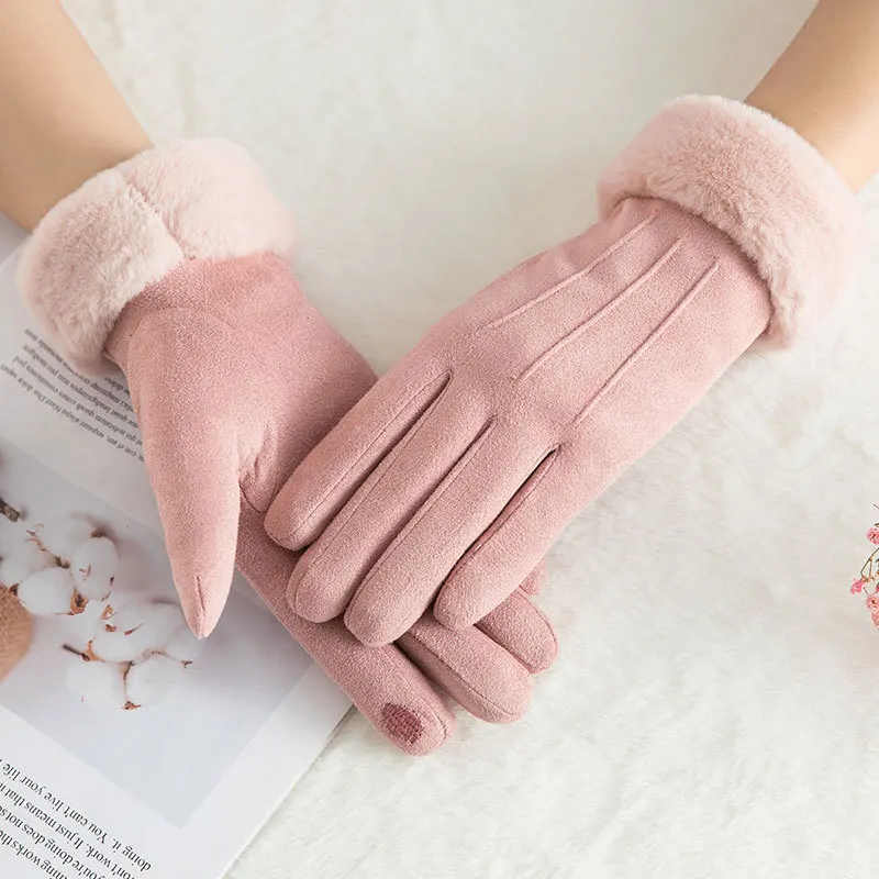 Pink 01 Женские зимние перчатки с сенсорным экраном, женские замшевые меховые теплые перчатки с полным пальцем, женские зимние перчатки для спорта на открытом воздухе, женские перчатки для вождения - Цвет: Pink 01
