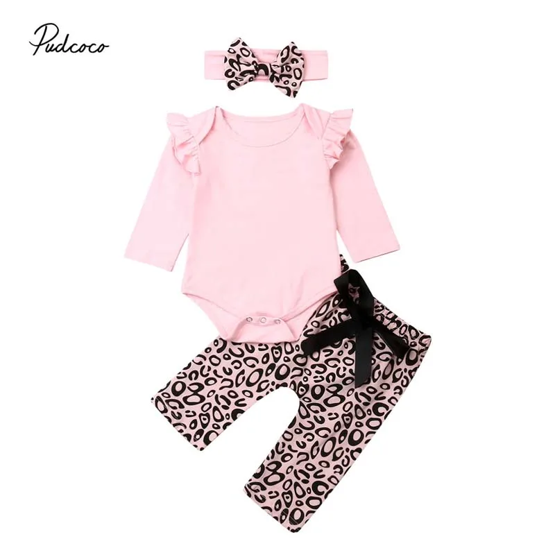 Коллекция года, весенне-осенняя одежда для малышей Одежда для новорожденных девочек топы с длинными рукавами, боди леопардовые штаны с бантом Набор резинок для волос