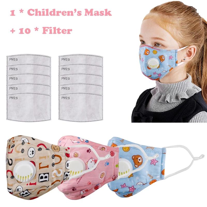 

Reusable Children Mask with 10 Filters Kids Mouth Mask Anti-Fog Haze Dust Pm 2.5 Face Mask Breathable Valves 4 Layer Kids Mask
