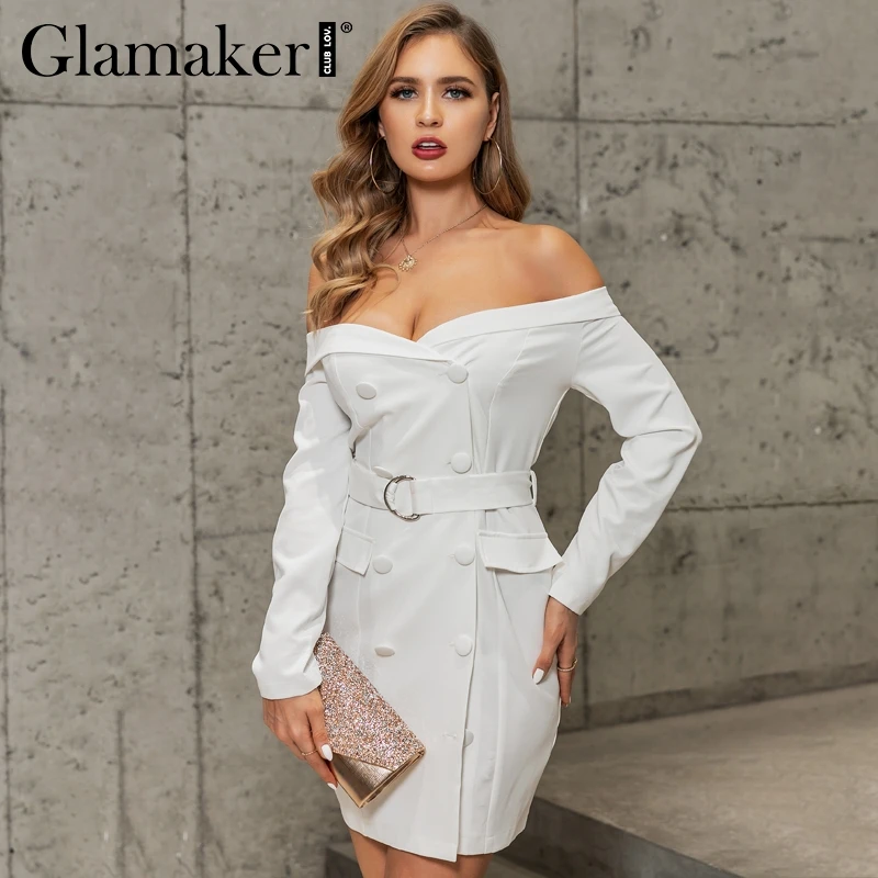 Glamaker сексуальное Белое платье-блейзер с открытыми плечами, женское облегающее платье с длинным рукавом и высокой талией, женское модное осеннее платье для вечеринки